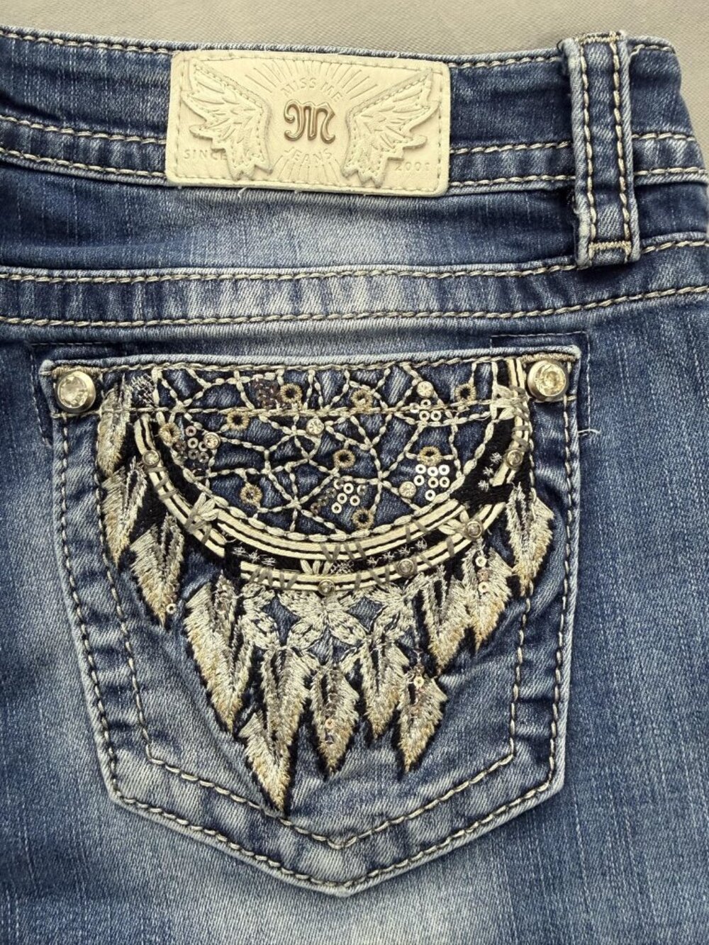 Miss Me Dreamcatcher Jeans Womens 31 Blue Mid Rise Skinny Sequins Rhinestones